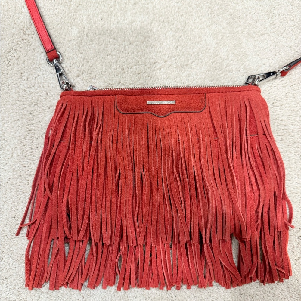 Like New - Rebecca Minkoff Chic Red Fringed Crossbody Bag with Adjustable Strap